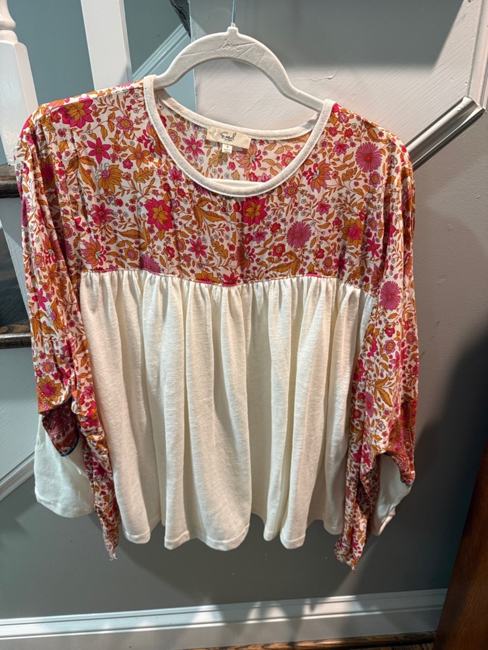 easel Cream Peasant Top with Pink & Orange Floral Yoke